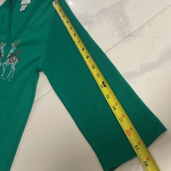 Reindeer Bling Christmas Top Green V Neck - Picture 8 of 10